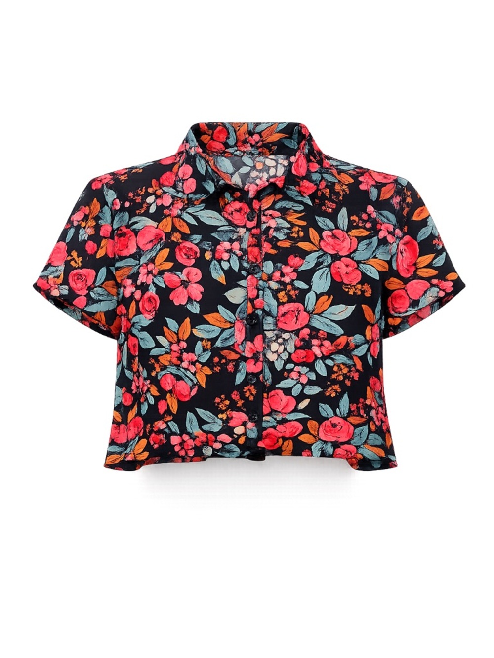 Forever 21 Black Floral Crop Button-Down Shirt
